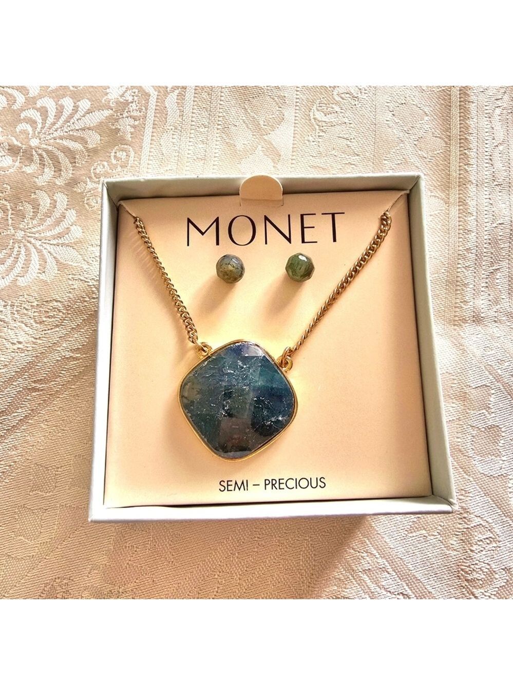 Monet Gold Green Necklace Earrings Set